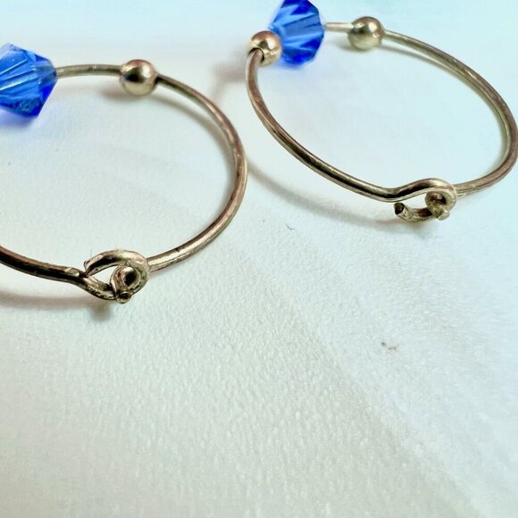 Vintage Silver Tone Hoop Earrings Blue Bead Wire Wrap Boho Gypsy Style Pair - Picture 9 of 9